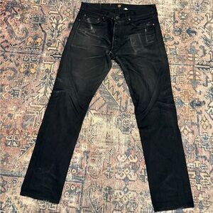 Indigofera Nash Tapered Fit Jeans 35x34 Black 14oz Selvedge Denim Distressed